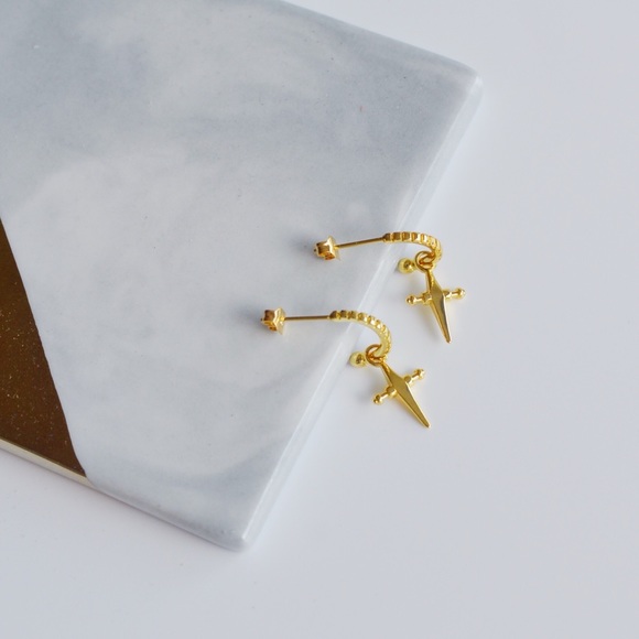 Gold Plated Cross Charm Huggie Hoop Earrings - Picture 2 of 8